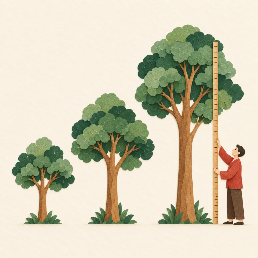 A person measures three increasingly tall trees in a row