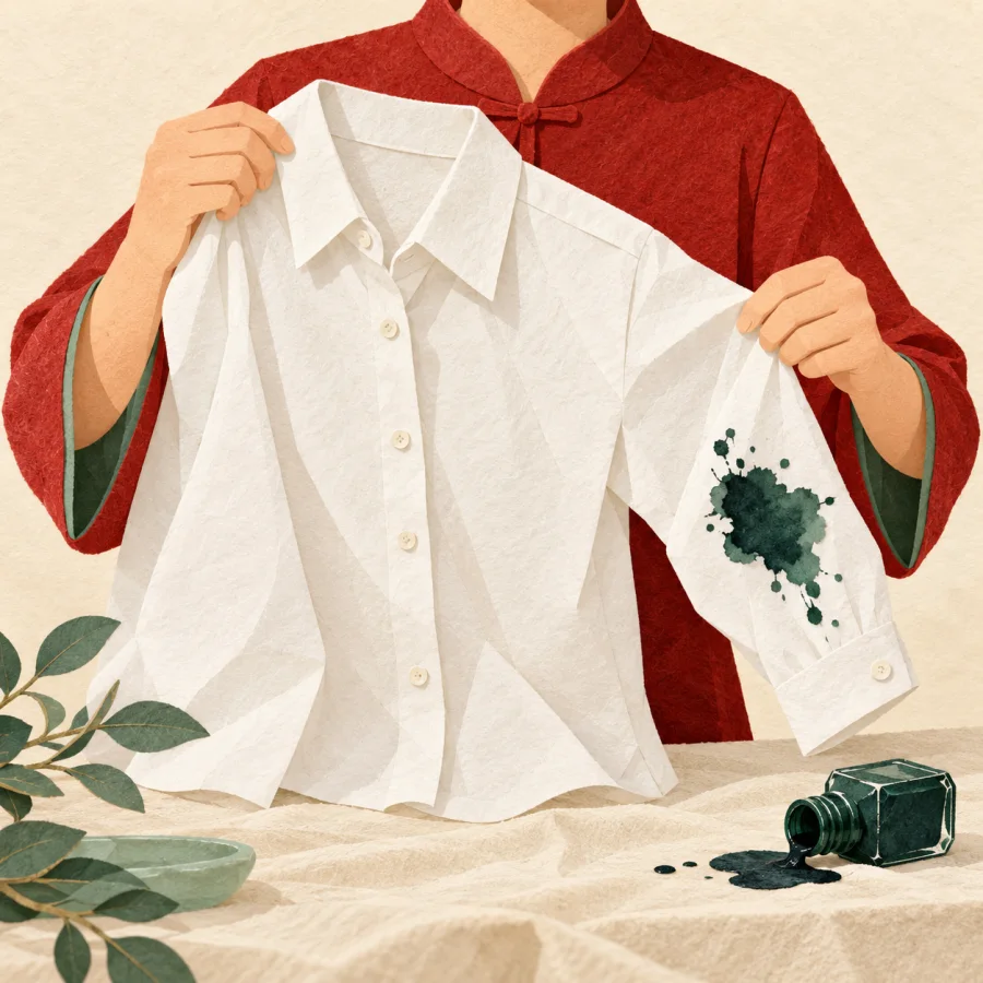 A white shirt stained with ink beside a tipped-over ink bottle