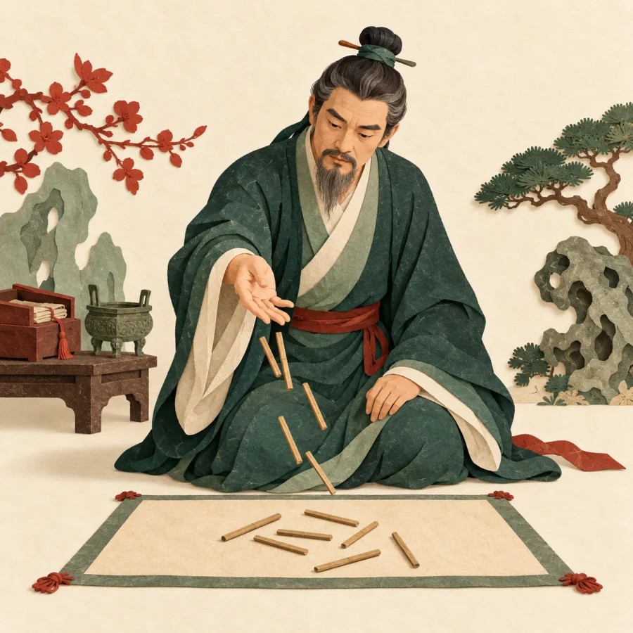 An ancient scholar tosses stalks onto a mat and studies the pattern