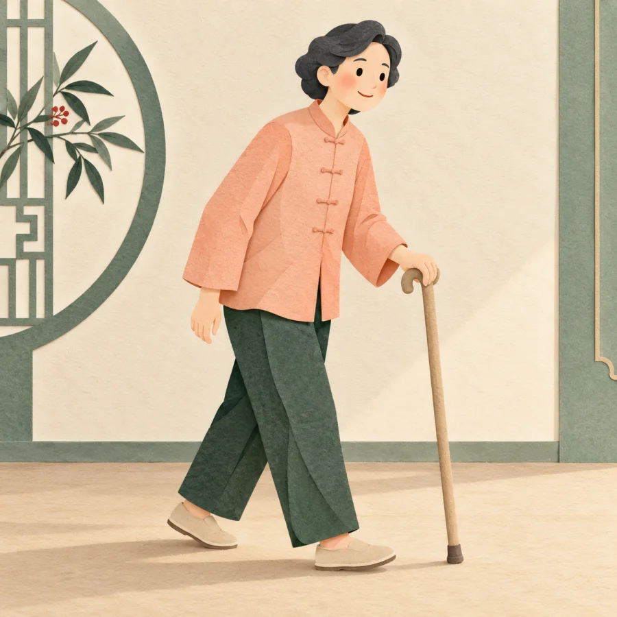 An elderly person walks slowly leaning on a walking stick
