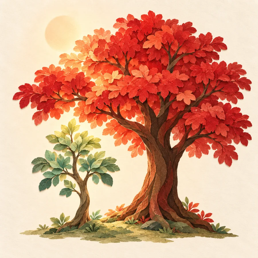 A small tree grows beside a big one in the sunlight