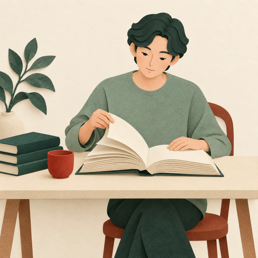 An editor reviews a manuscript at a desk with books