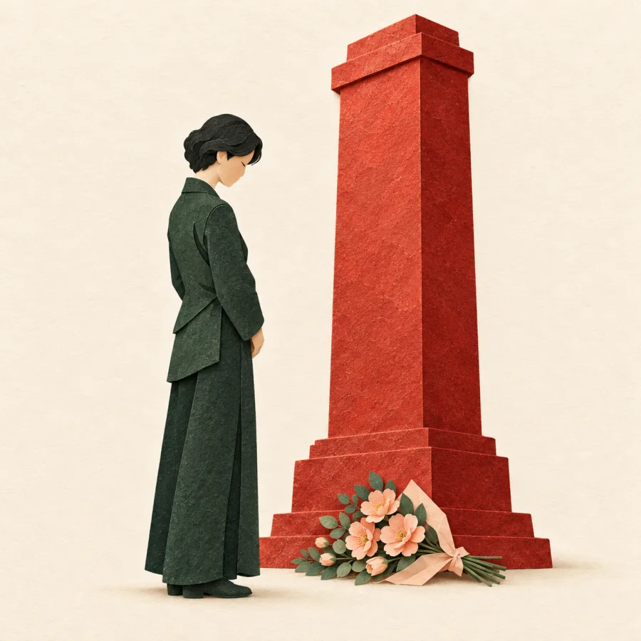 A person quietly stands before a tall monument