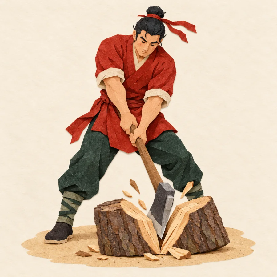 A woodcutter splits a thick log with one downward chop