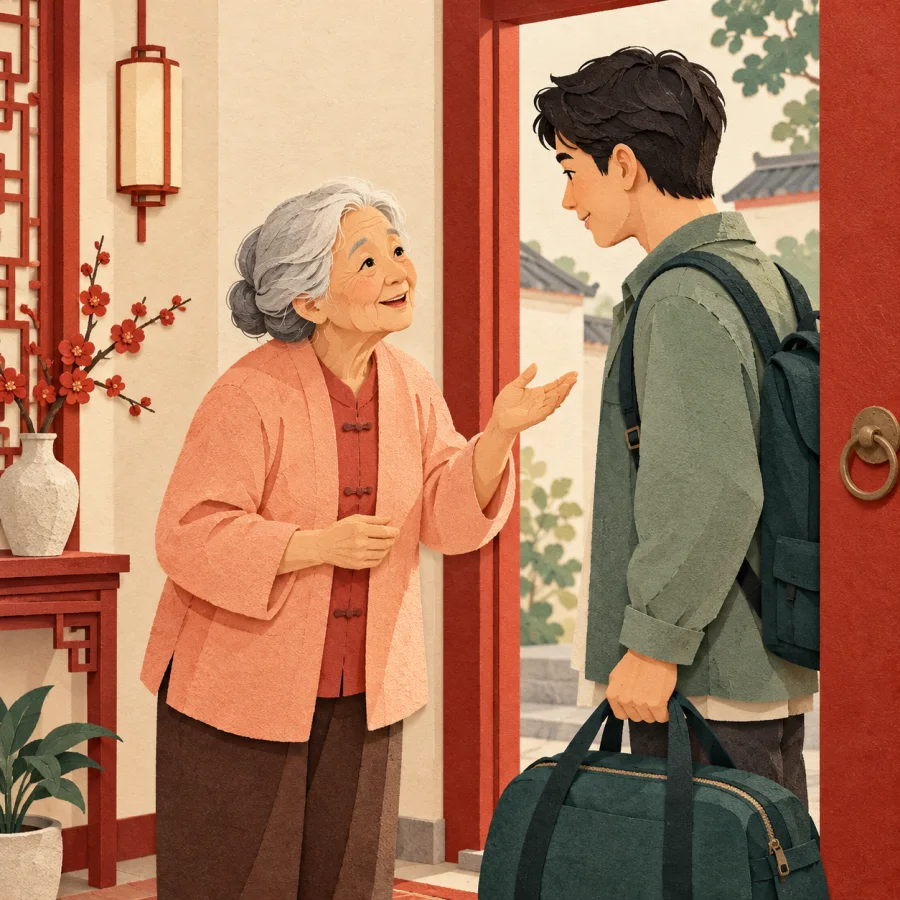 A grandmother gives earnest parting advice to a traveler at the door