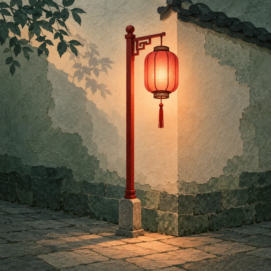 A single cinnabar-red street lamp glows at a quiet old street corner