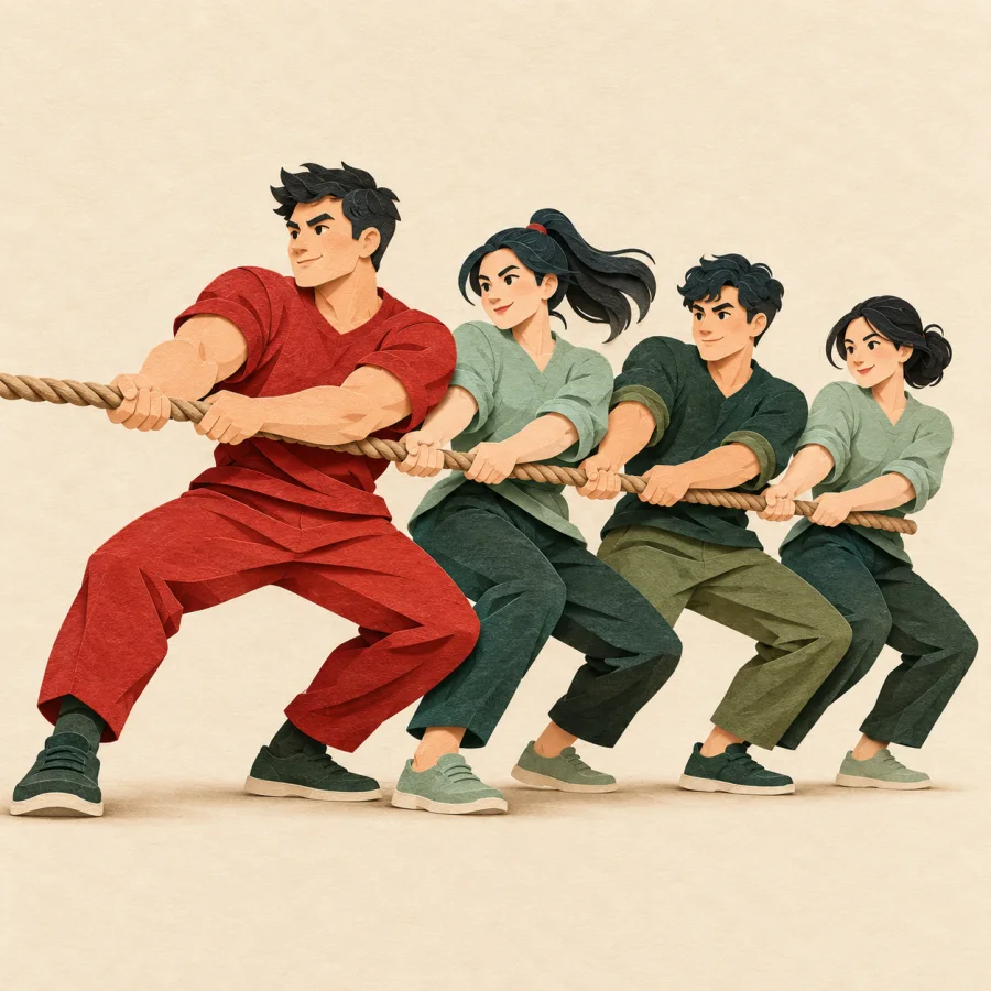 A strong red figure leads a tug-of-war team pulling a thick rope