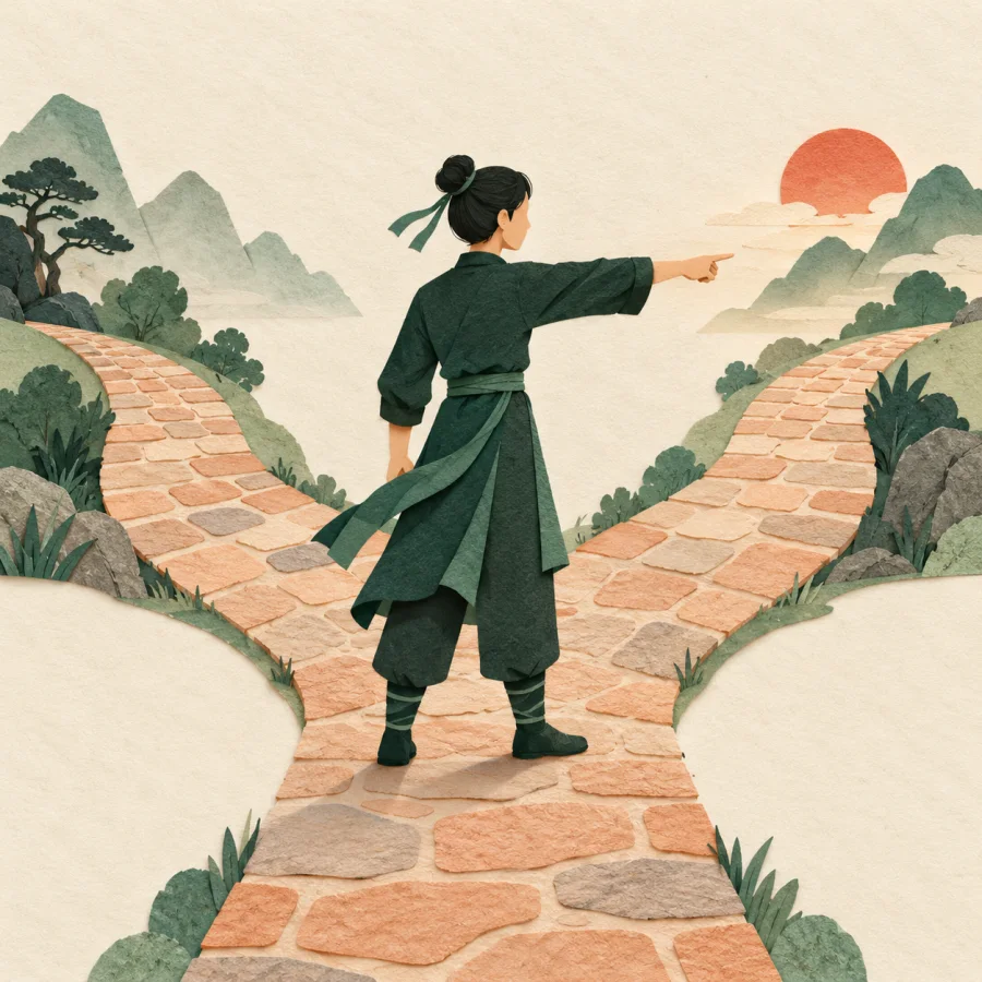 A person firmly points at one of two crossing paths