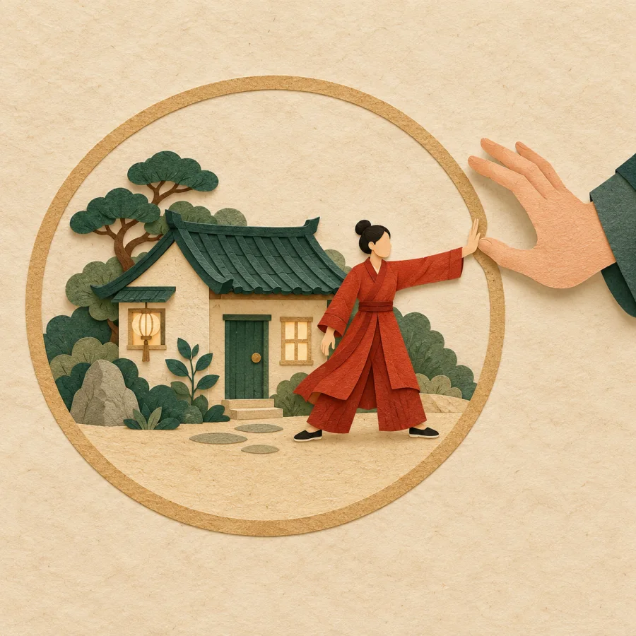 A person inside a circle pushes away an outside hand reaching toward their house