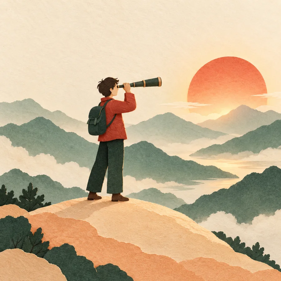 A person with a telescope on a hilltop gazes at a rising sun