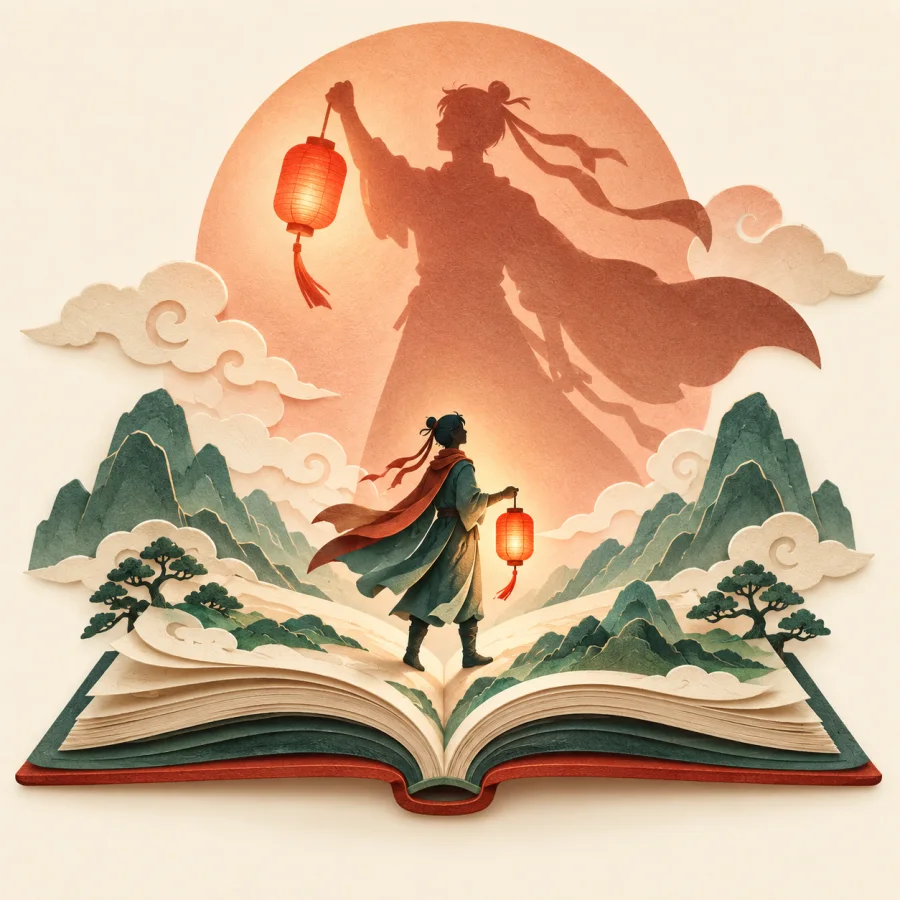A small figure with a lantern stands on the pages of an open book