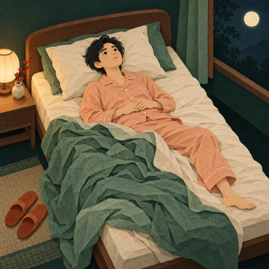 A person tosses in a rumpled bed, unable to fall asleep
