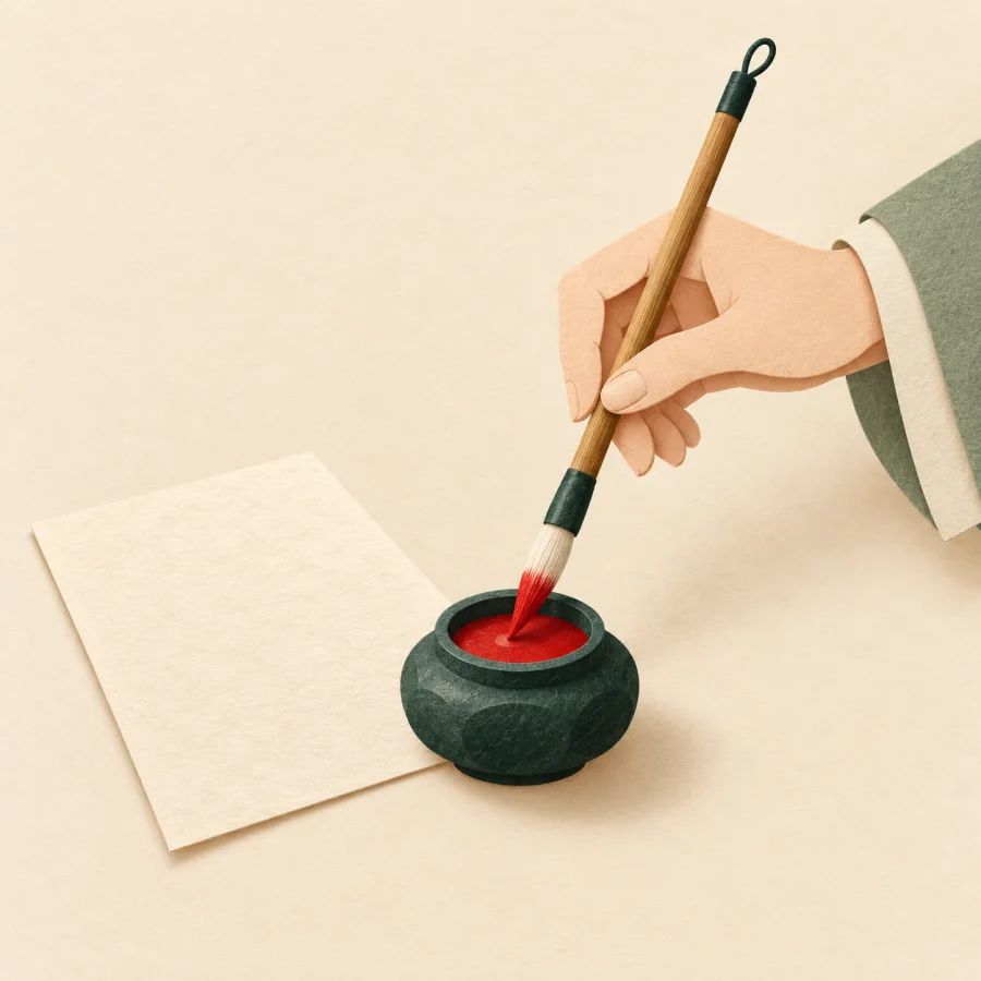 A hand dips a brush tip into a small pot of red ink