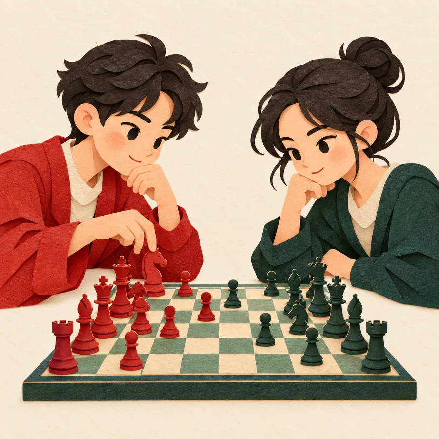 Two chess players facing each other across a table