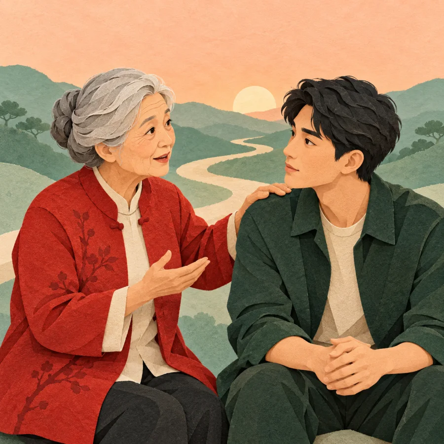 An elderly woman puts her hand on a young man's shoulder