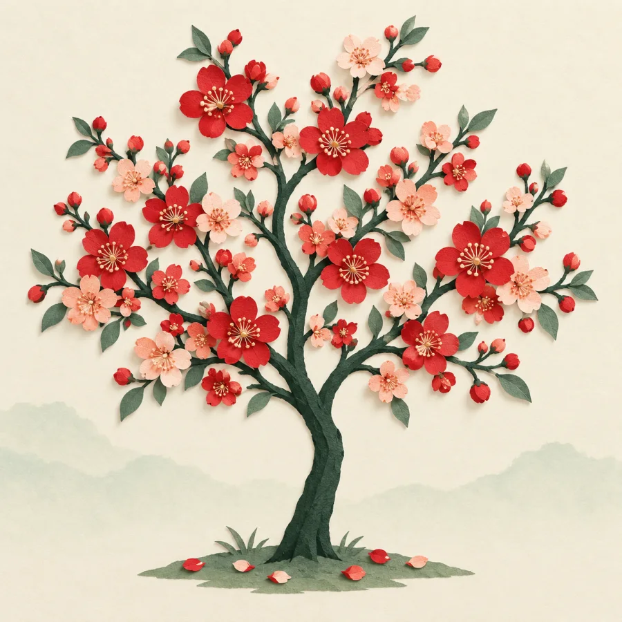 A peach tree in full bloom with bright red flowers