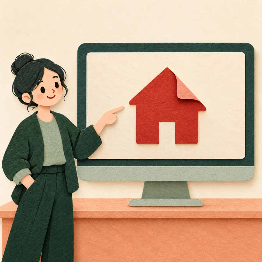 A person at a computer with a house icon on the screen