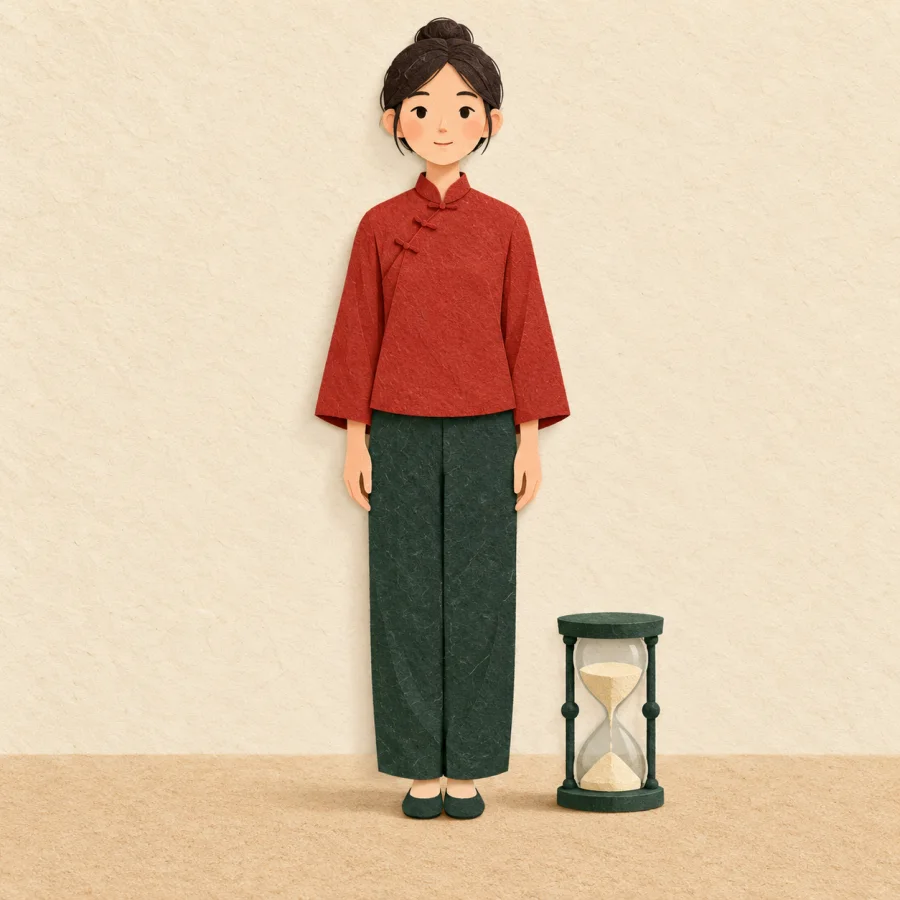 A person standing upright beside a small hourglass