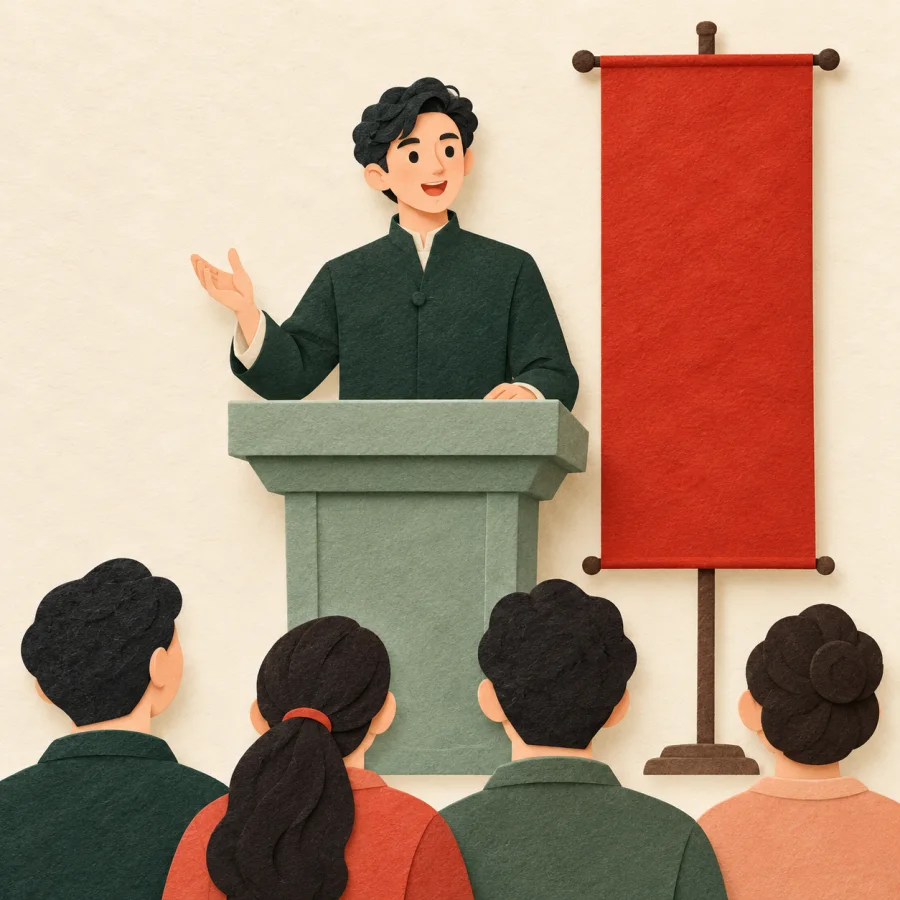 A speaker at a podium and red banner addresses a small crowd