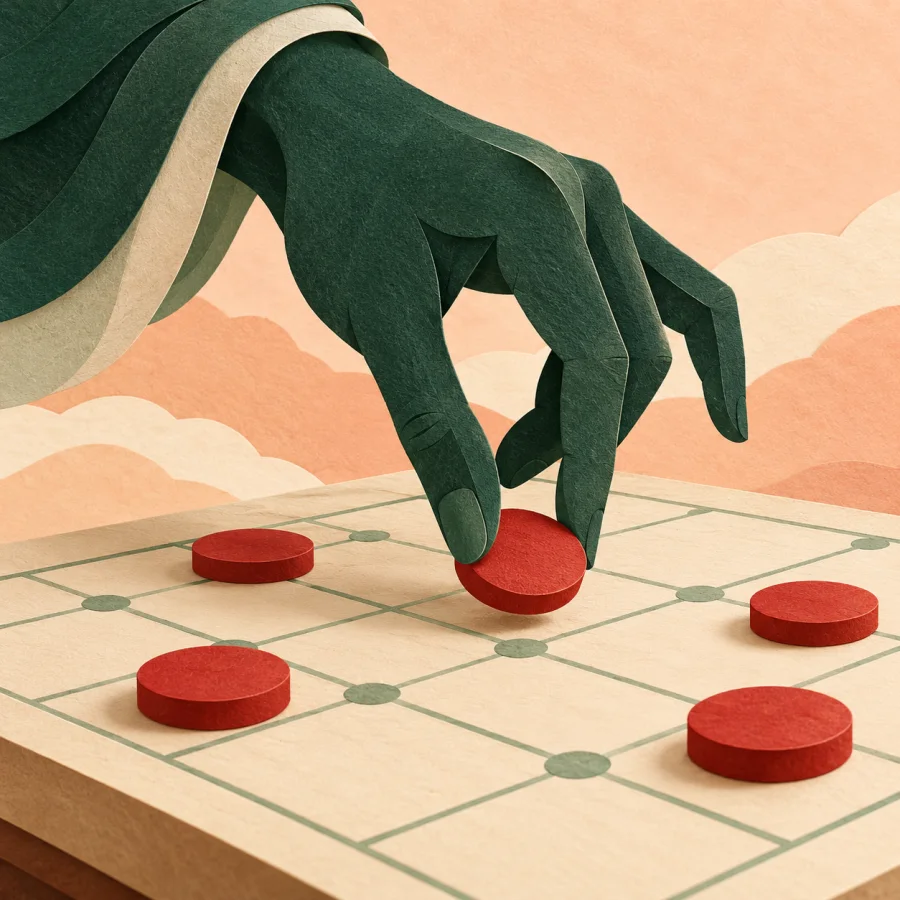 A large hand moving pieces across a game board