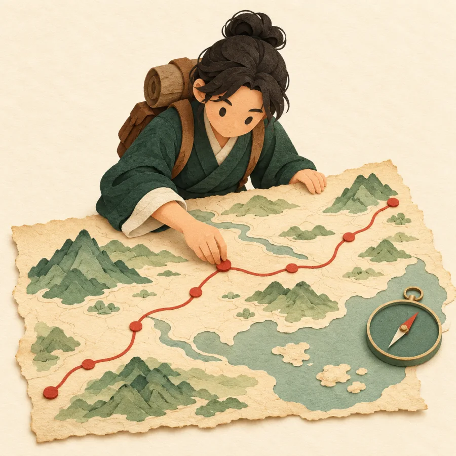 A person planning a route on a big map with a compass