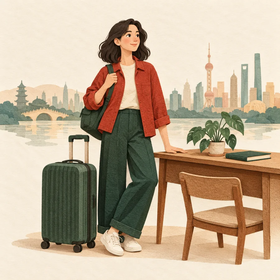 A person with a suitcase stands at a small desk before a city skyline.