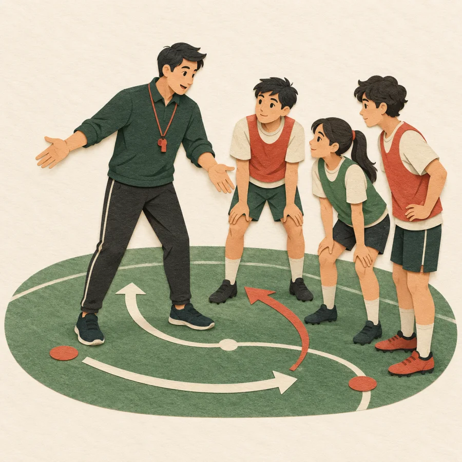 A coach gestures to a small group of players on a playing field.