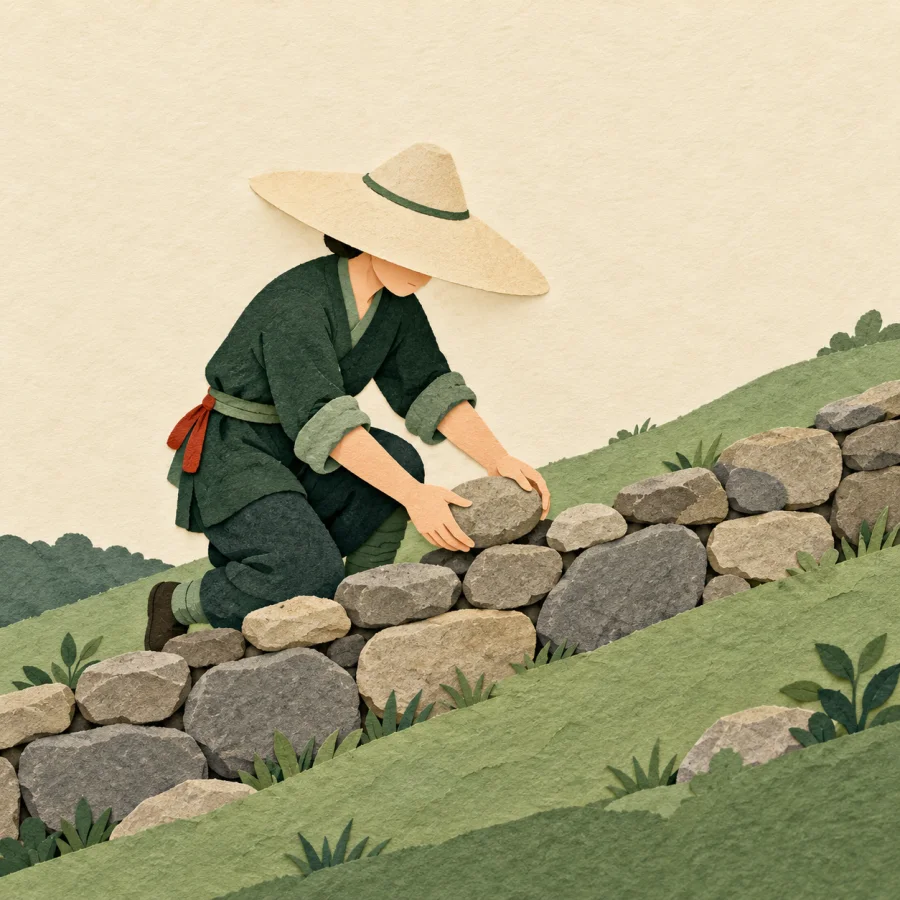 A person in a wide hat lays stones to build a wall on a hillside.
