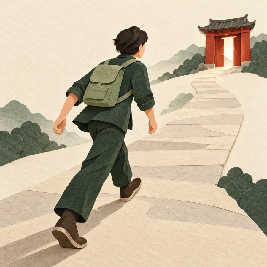 A person walking toward a doorway