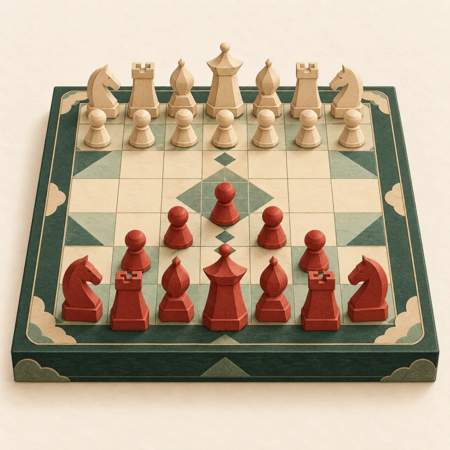 Two groups of wooden game pieces face each other on a large board.