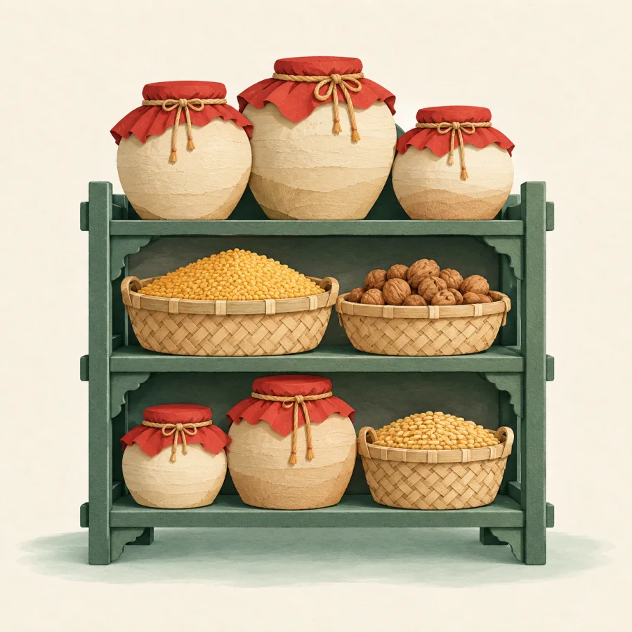 Sealed clay jars with grain and nuts stand on cellar shelves.