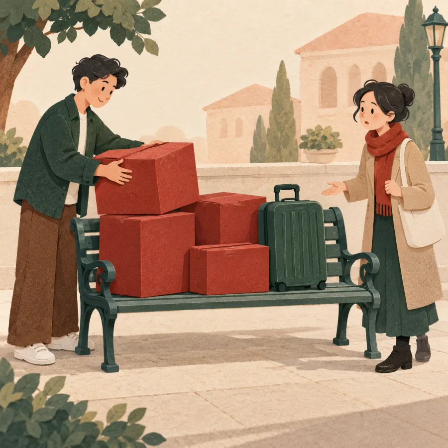 A person occupies a public sidewalk bench with boxes and luggage