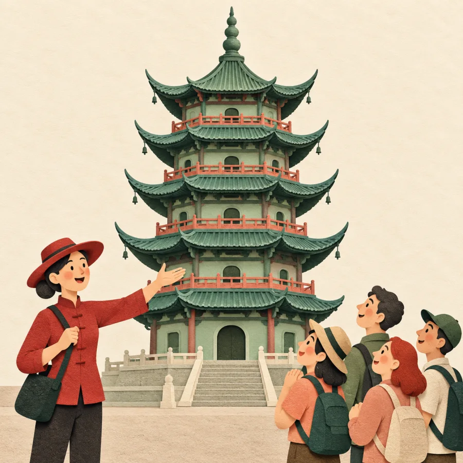 A tour guide points to a famous pagoda while visitors admire it