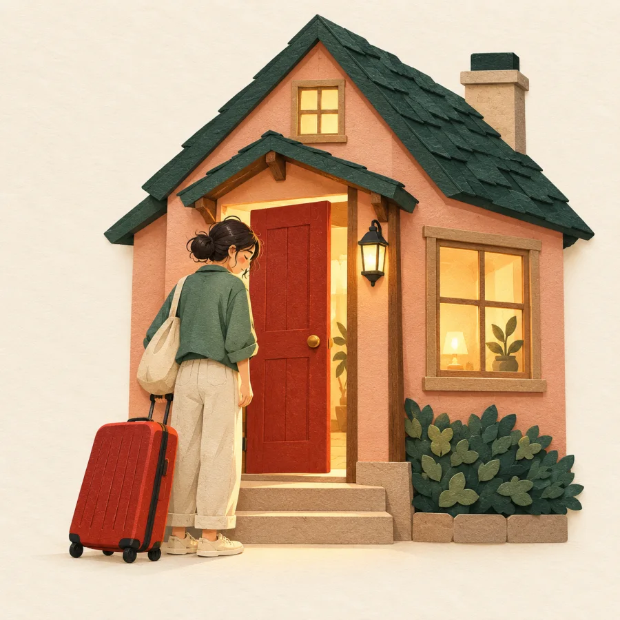 A traveler with a suitcase stands before a small cozy house