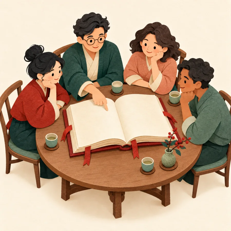 People at a meeting table discuss a large open rulebook