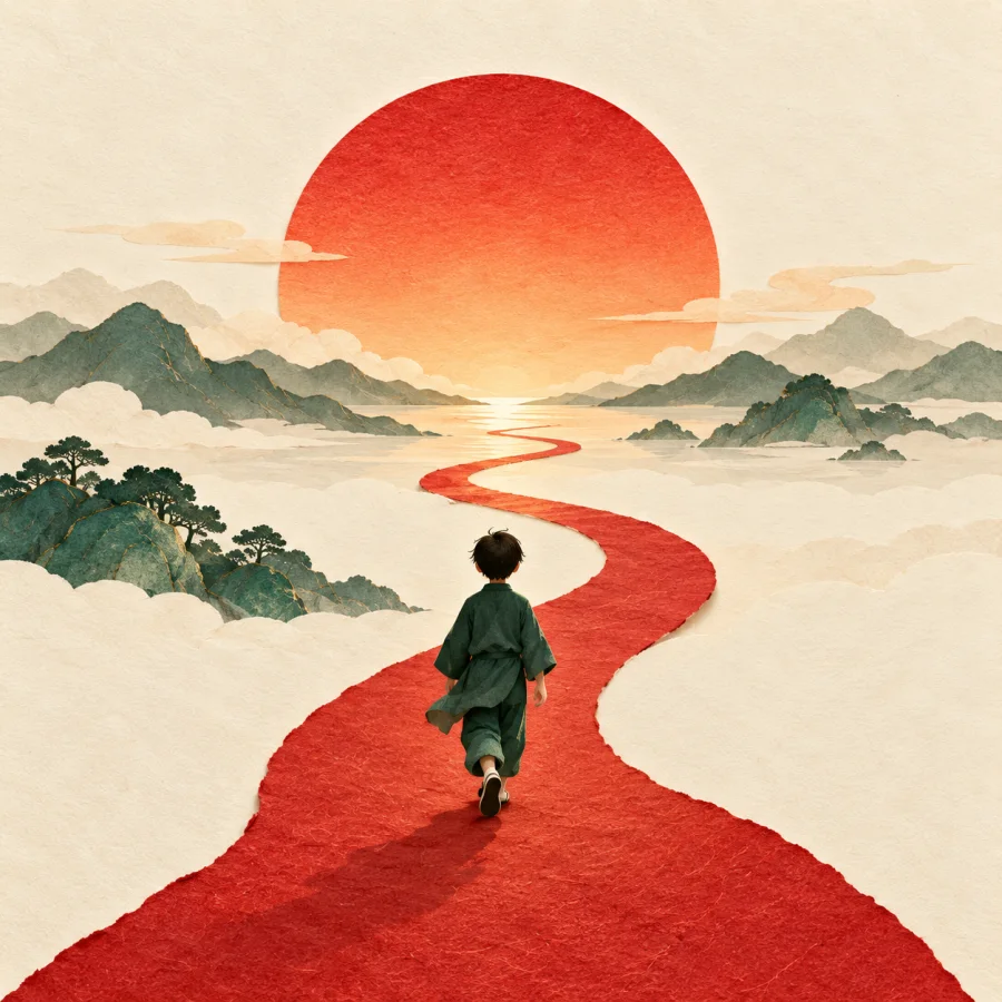 A person walks a winding red path toward a large rising sun