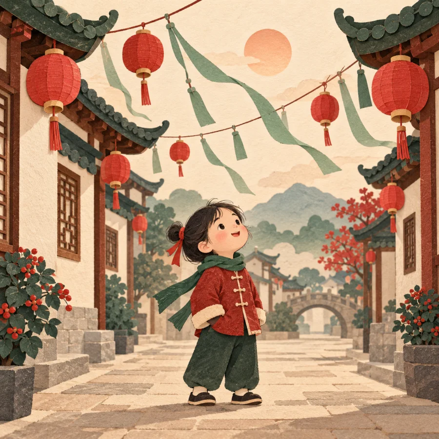 A festive street lined with red lanterns and paper banners