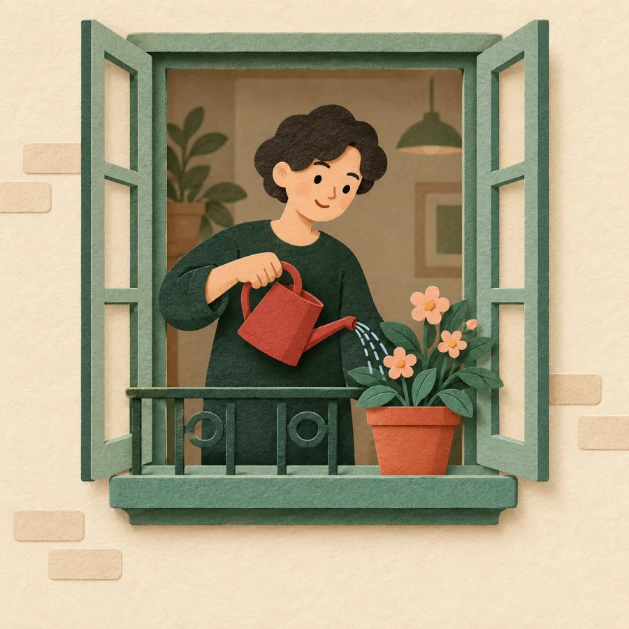 A resident waters a flowerpot at an apartment window