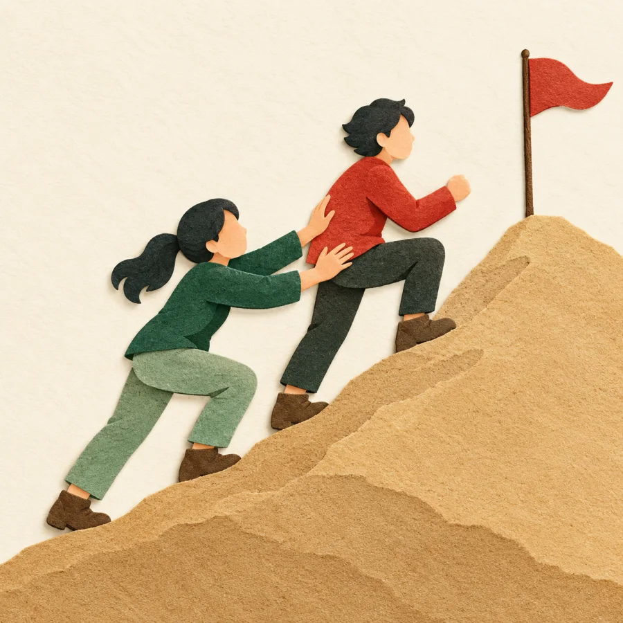One person pushes another up a sandy slope toward a flag