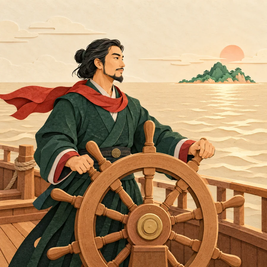 A captain holds the ship's wheel, steering the vessel toward an island