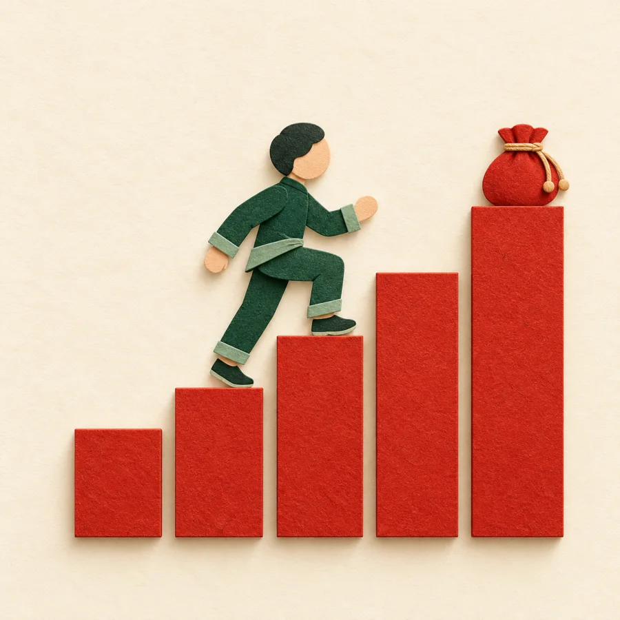 A small figure climbs steps of a rising red bar chart