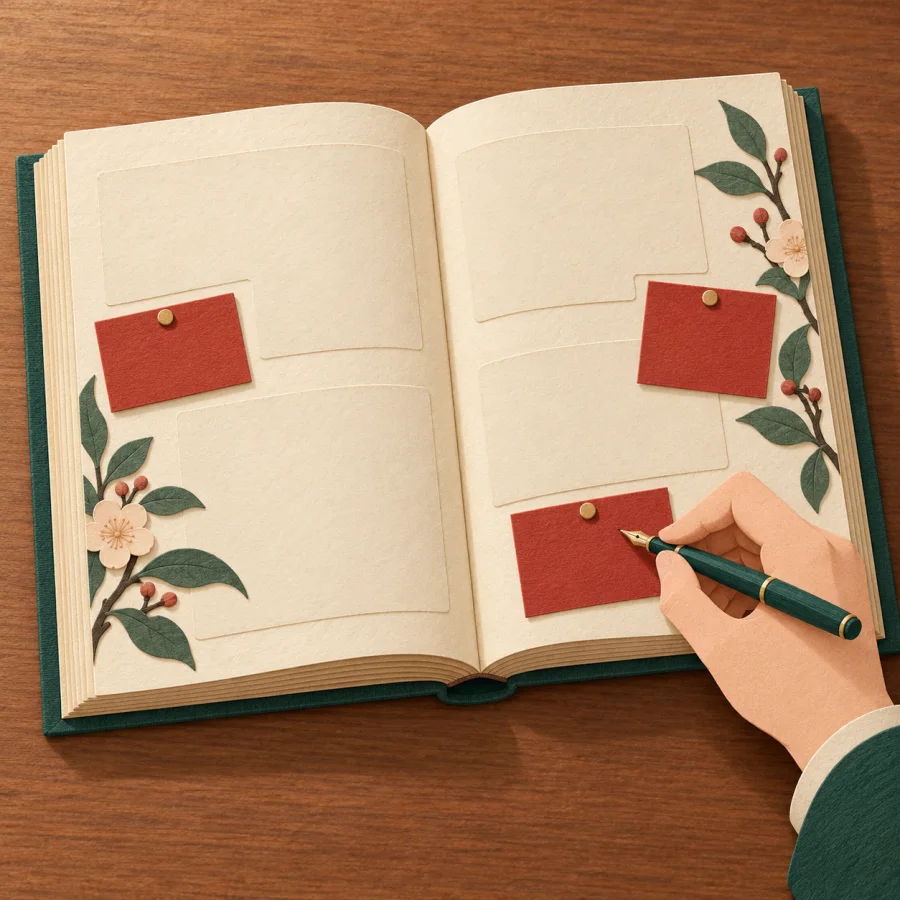 A hand writes notes beside an open book on a desk
