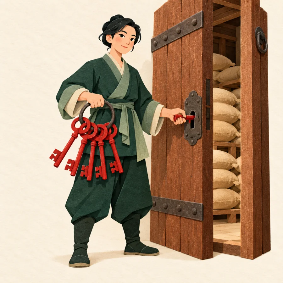 A person with a ring of keys opens a heavy storeroom door