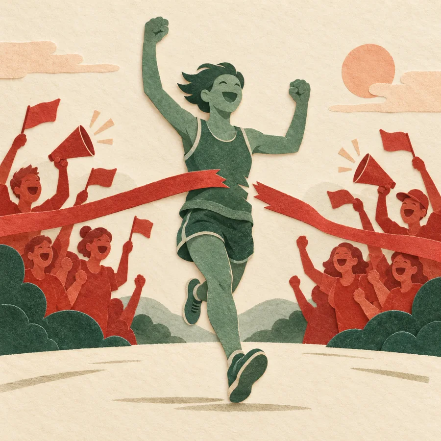 Fans with flags and megaphones cheering for a runner