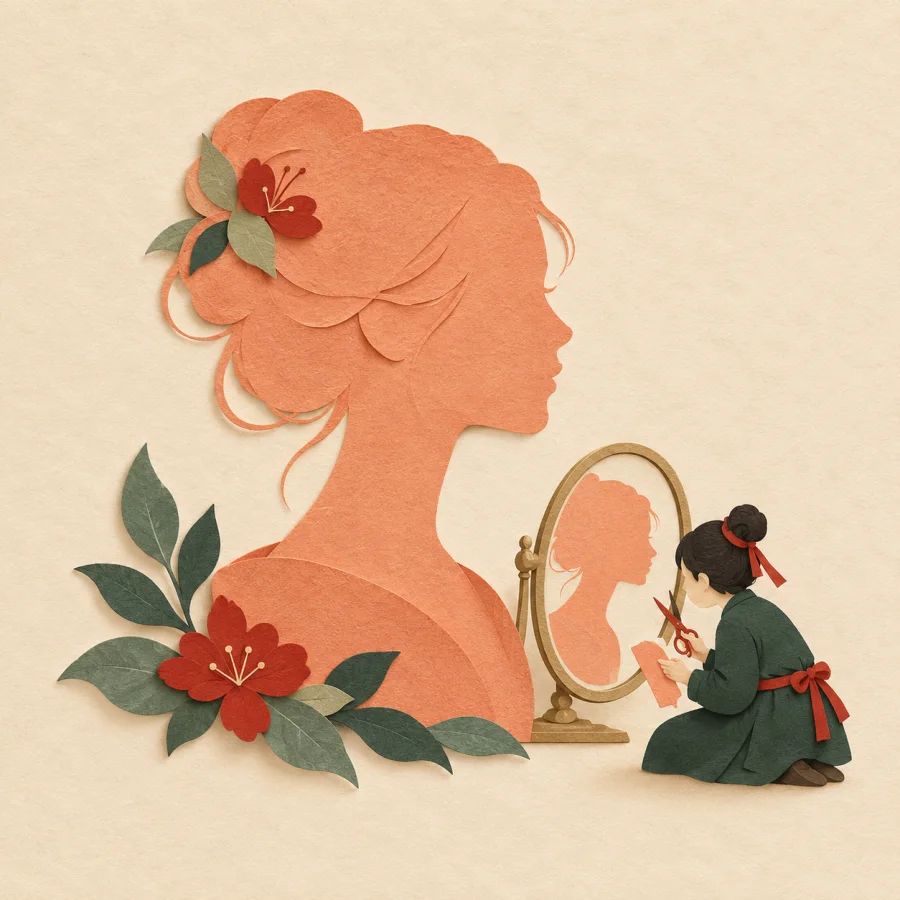 A portrait beside a mirror with an artist studying the face