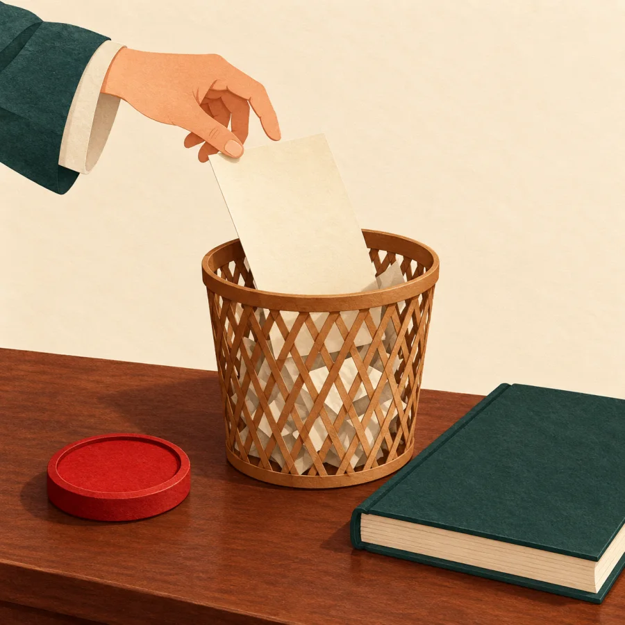A person tosses a paper form into a bin near a blank seal