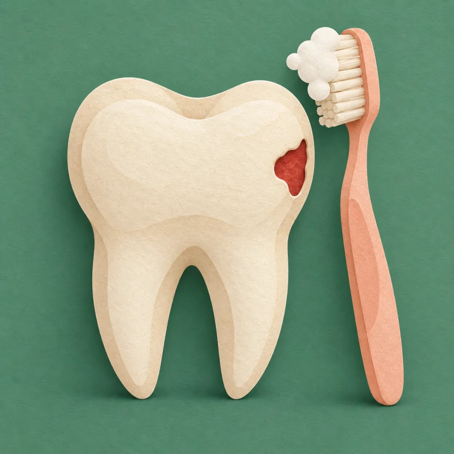 A large tooth with a cavity beside a red toothbrush