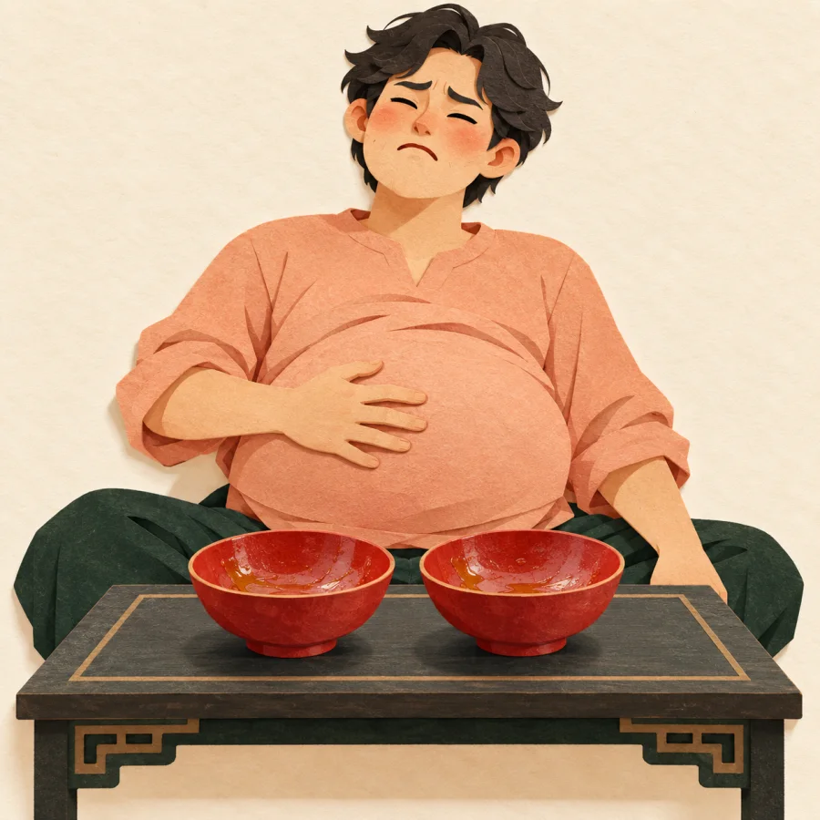A person at a table clutching a bloated belly by empty bowls