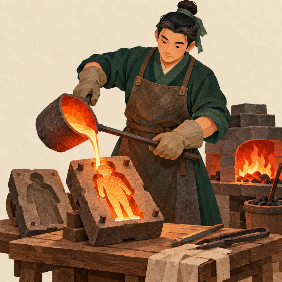A craftsman pours molten metal into a figure-shaped mold