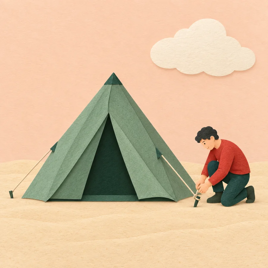A tent in a field, a person tightening a guy rope